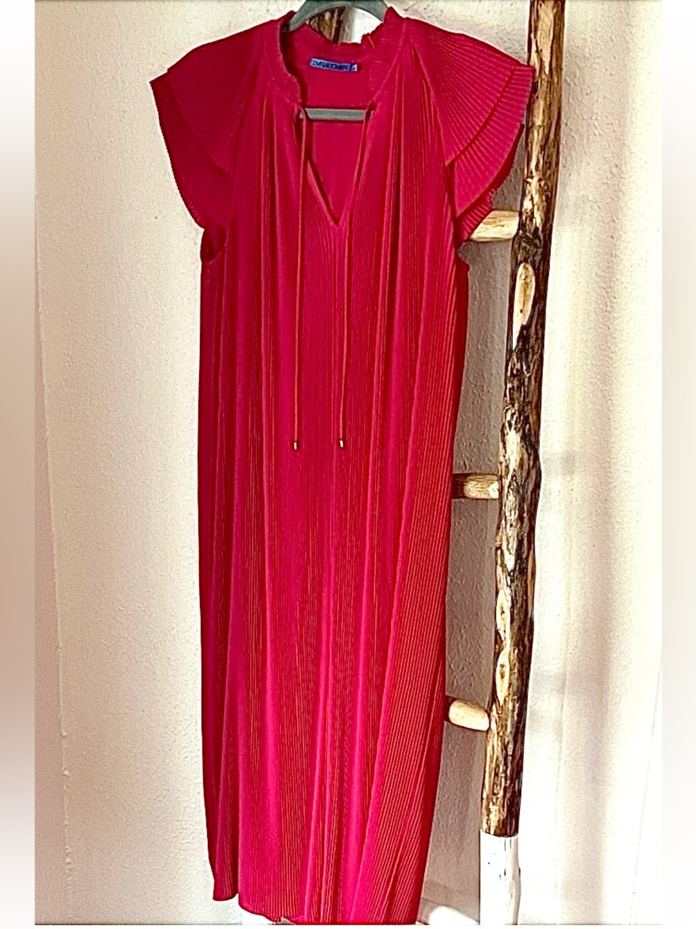 J. McLaughlin Vibrant Hot Pink Micro Pleated Midi Dress Tie V-neck Small